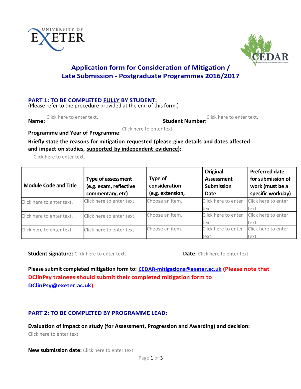 Application Form for Consideration of Mitigation