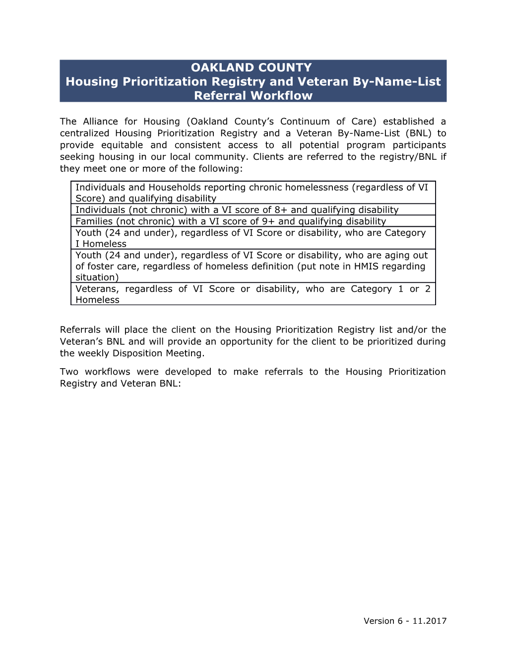 Housing Prioritizationregistry and Veteran By-Name-List Referral Workflow