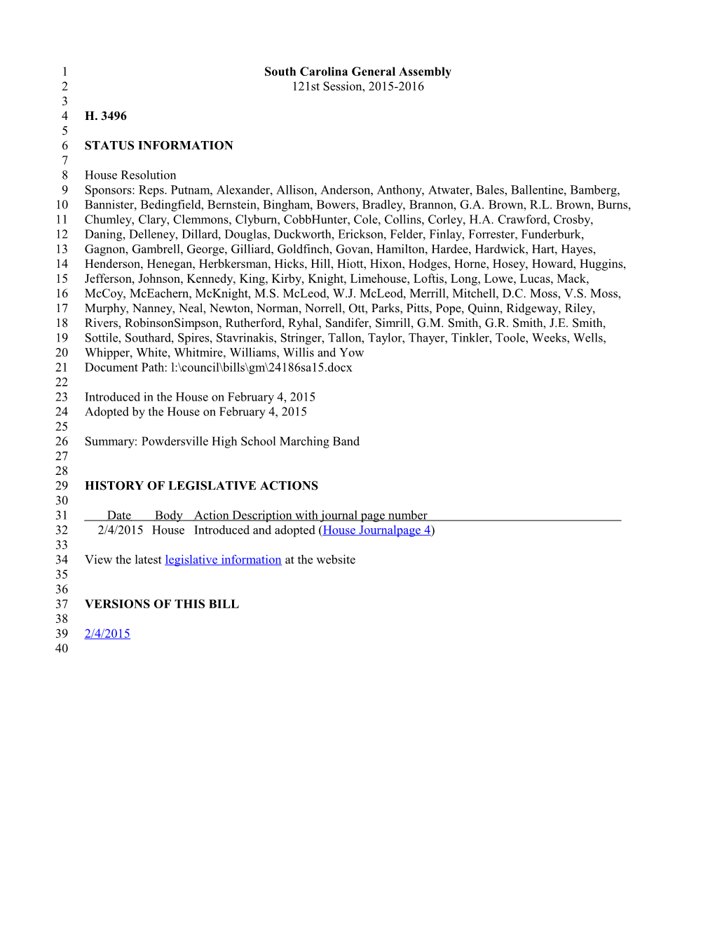 2015-2016 Bill 3496: Powdersville High School Marching Band - South Carolina Legislature Online