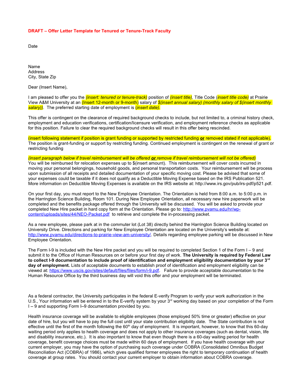 DRAFT Offer Letter Template for Tenured Or Tenure-Track Faculty