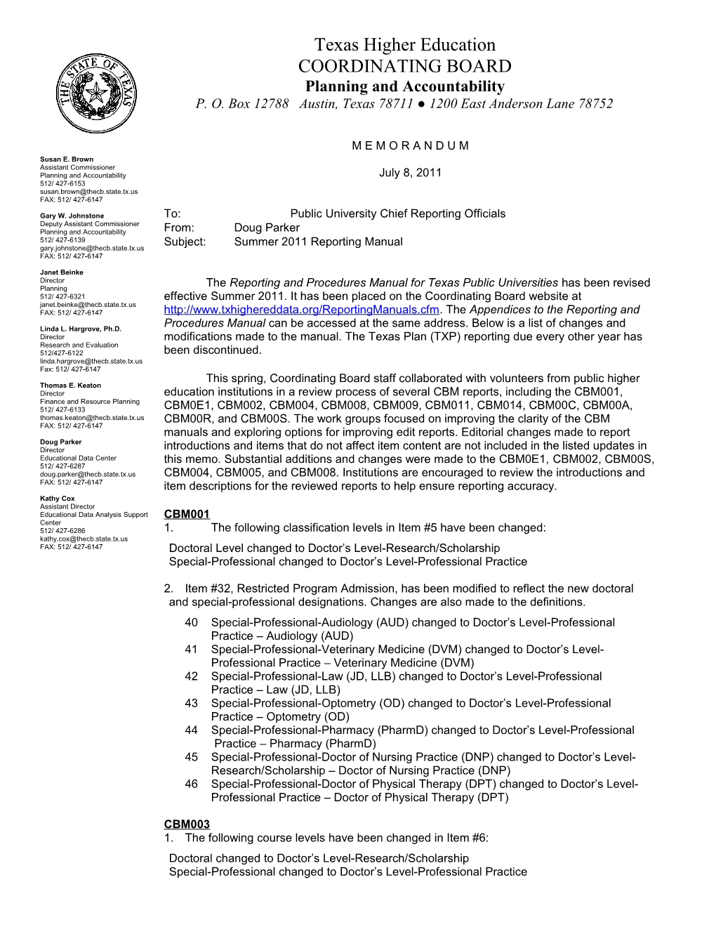 Memos Related to Changes to the CBM Manual for Texas Public Universities