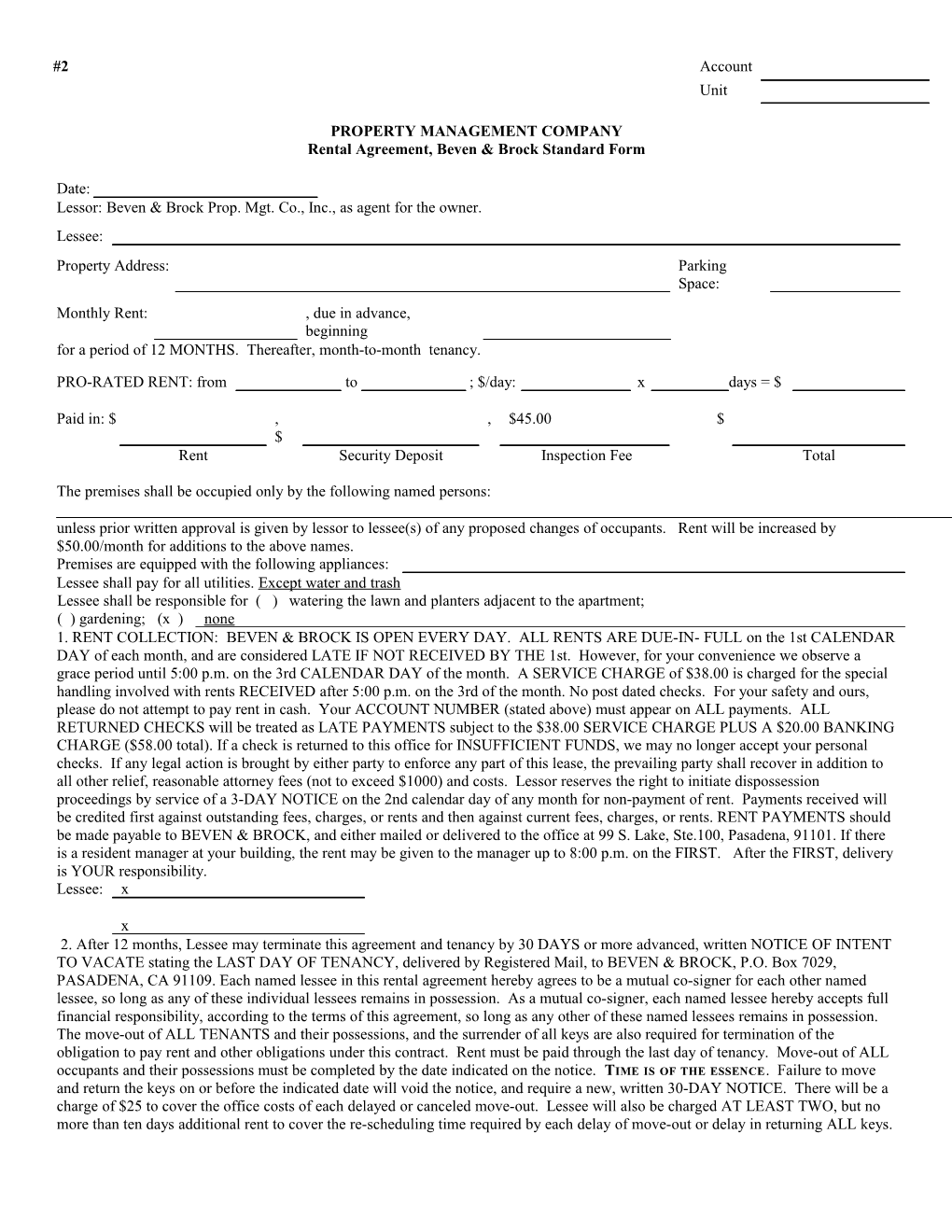 Rental Agreement, Beven & Brock Standard Form