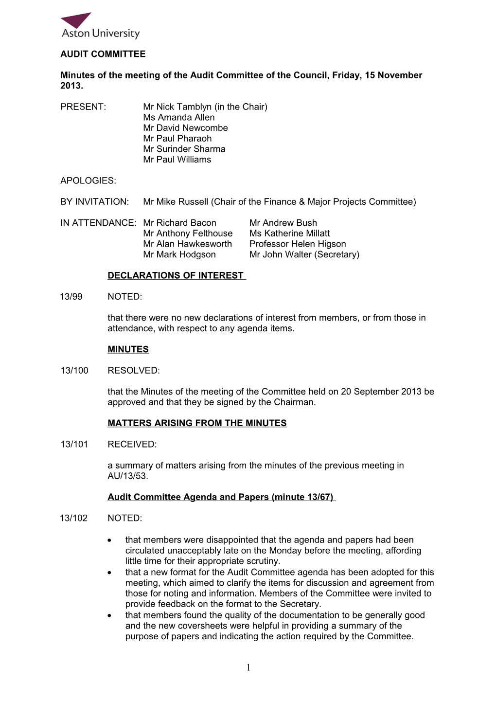 Minutes of the Meeting of the Audit Committee of the Council, Friday, 15 November 2013