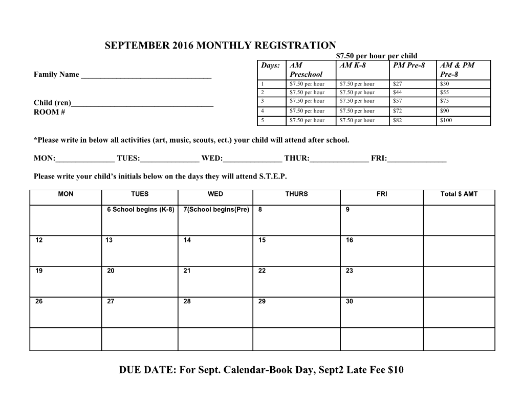 Please Write Your Child S Initials Below on the Days They Will Attend S.T.E.P