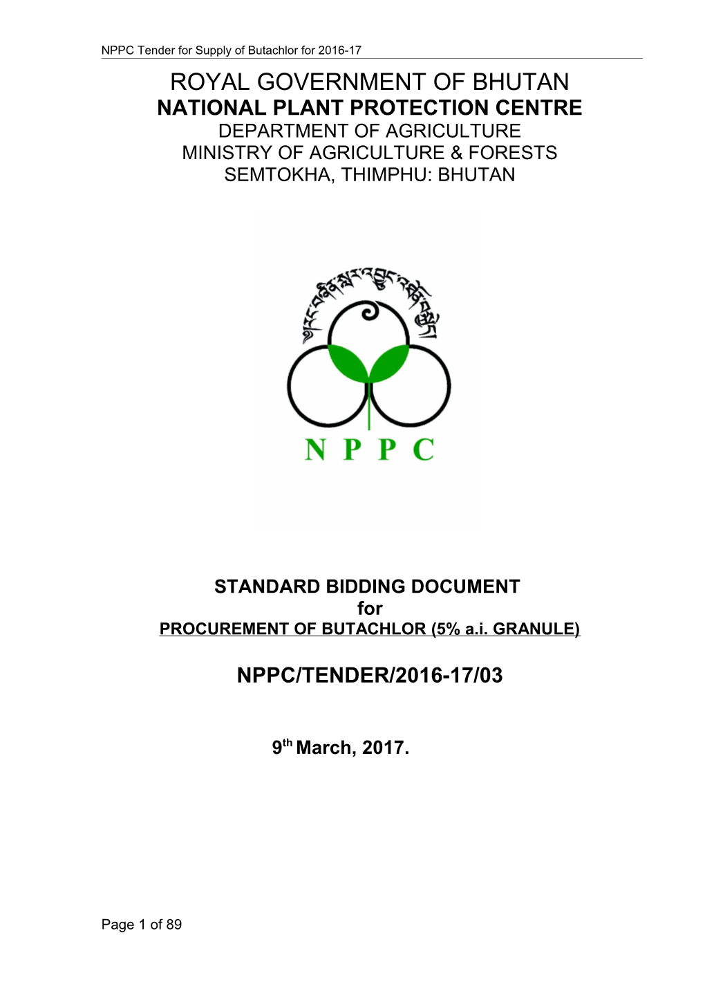 NPPC Tender for Supply of Butachlor for 2016-17