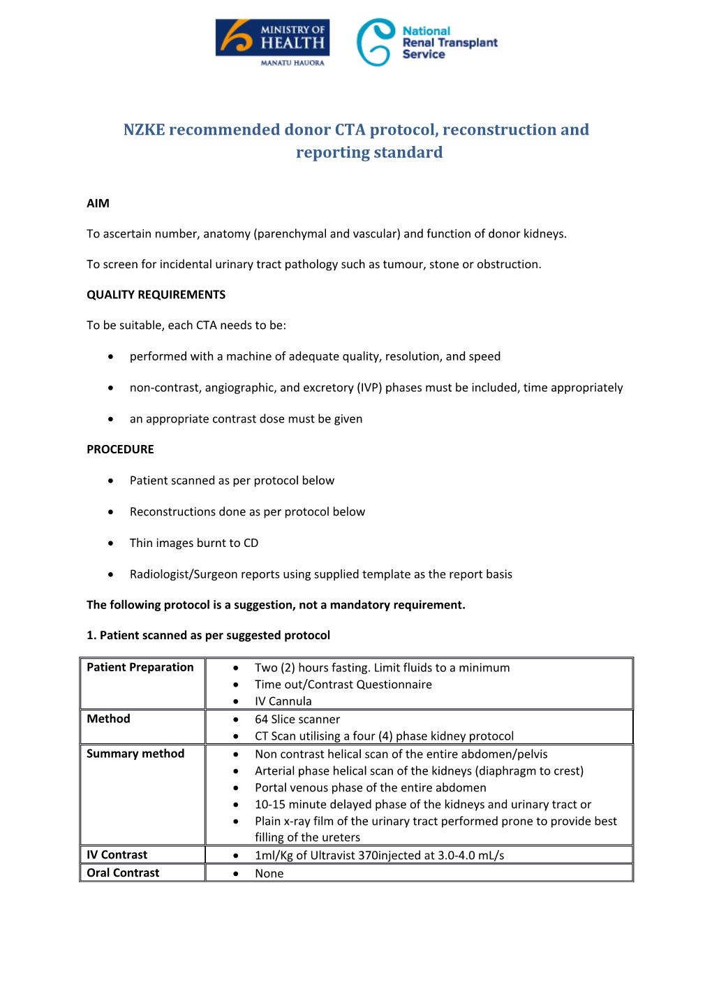 NZKE Recommended Donor CTA Protocol, Reconstruction and Reporting Standard