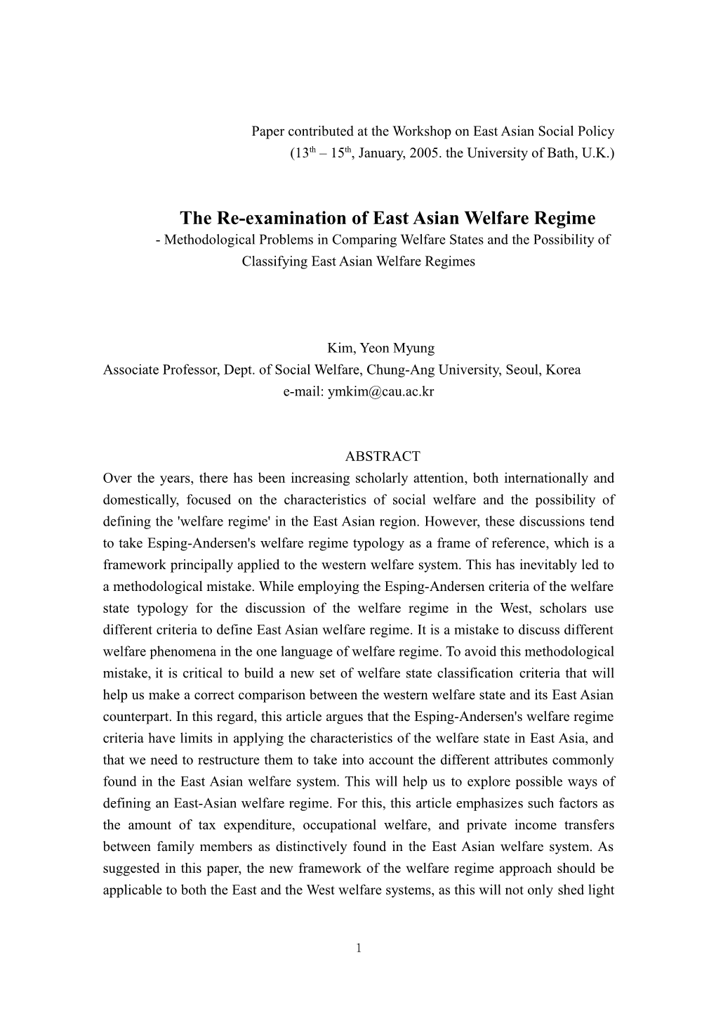The Re-Examination of East Asian Welfare Regime