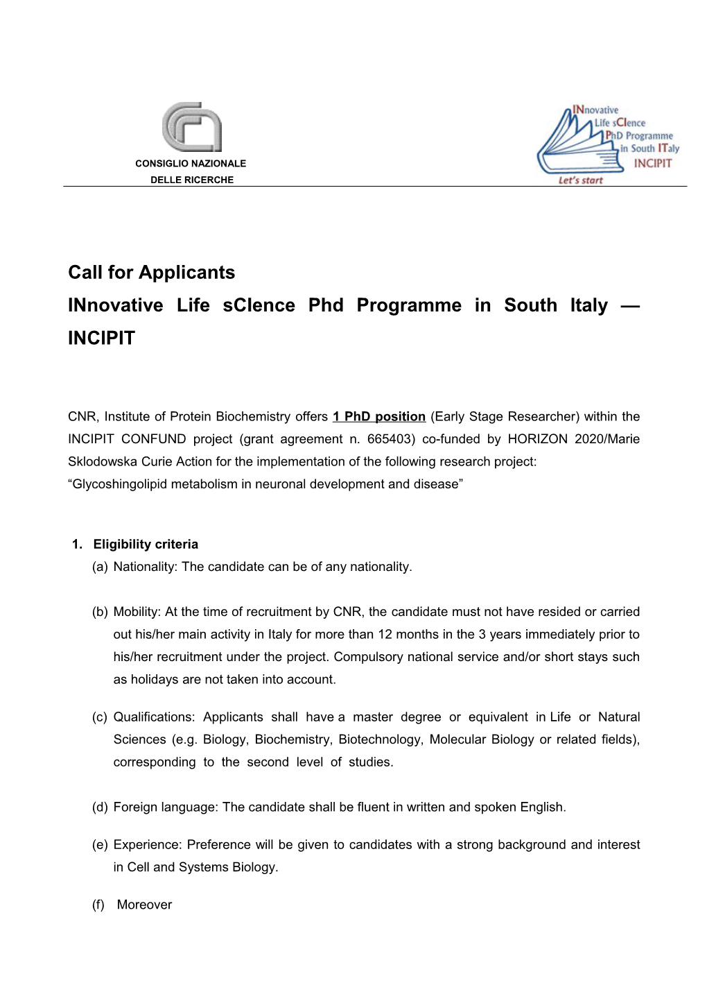 Innovative Life Science Phd Programme in South Italy INCIPIT