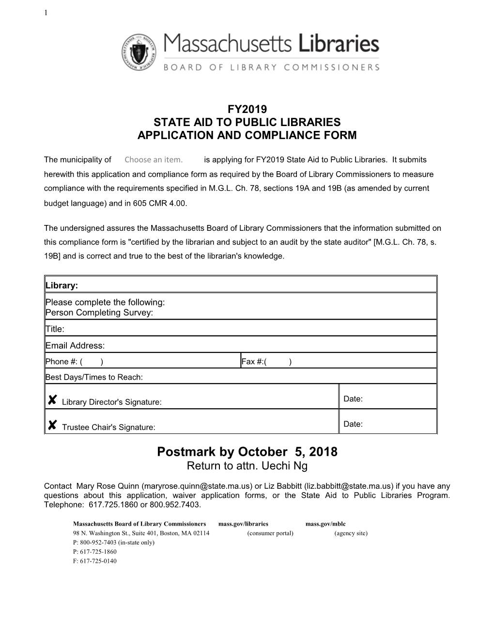 FY19 State Aid to Public Libraries Compliance Form