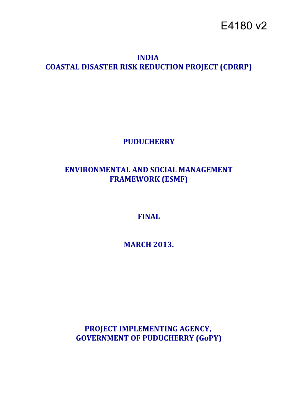INDIA: Coastal Disaster Risk Reduction Project (CDRRP) - Puducherry