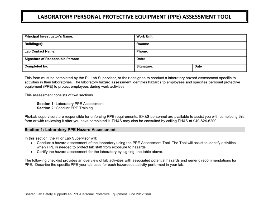 Personal Protective Equipment (PPE) Hazard Assessment Tool