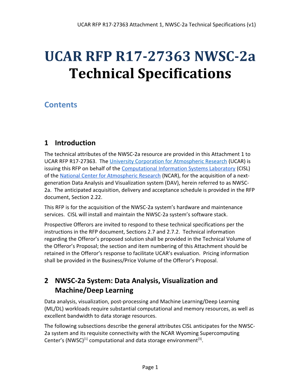 UCAR RFP R17-27363 Attachment 1, NWSC-2A Technical Specifications (V1)
