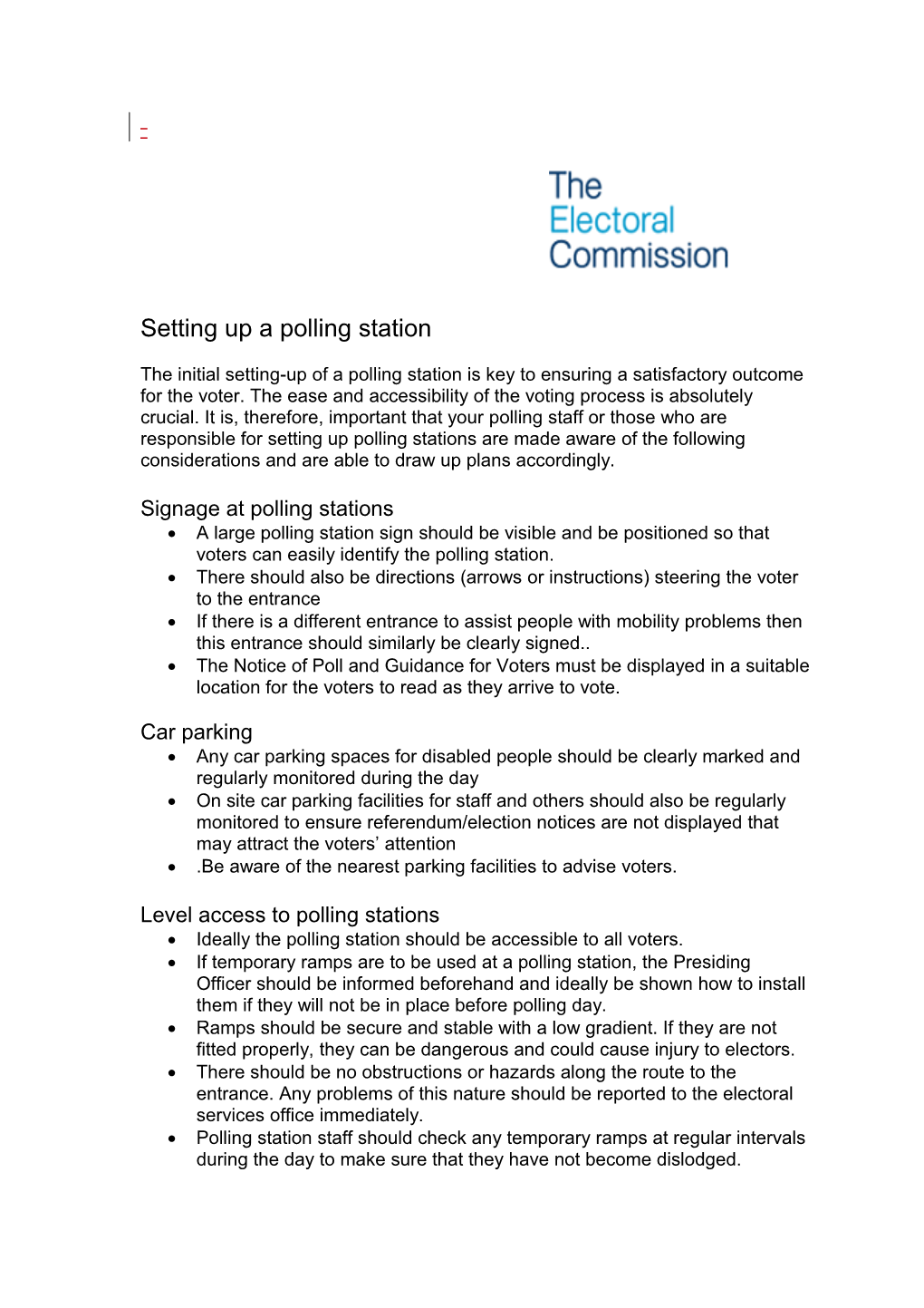 Accessibility Checklist for Polling Day Setting up a Polling