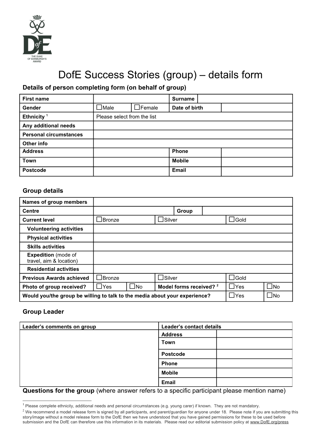 Details of Person Completing Form (On Behalf of Group)