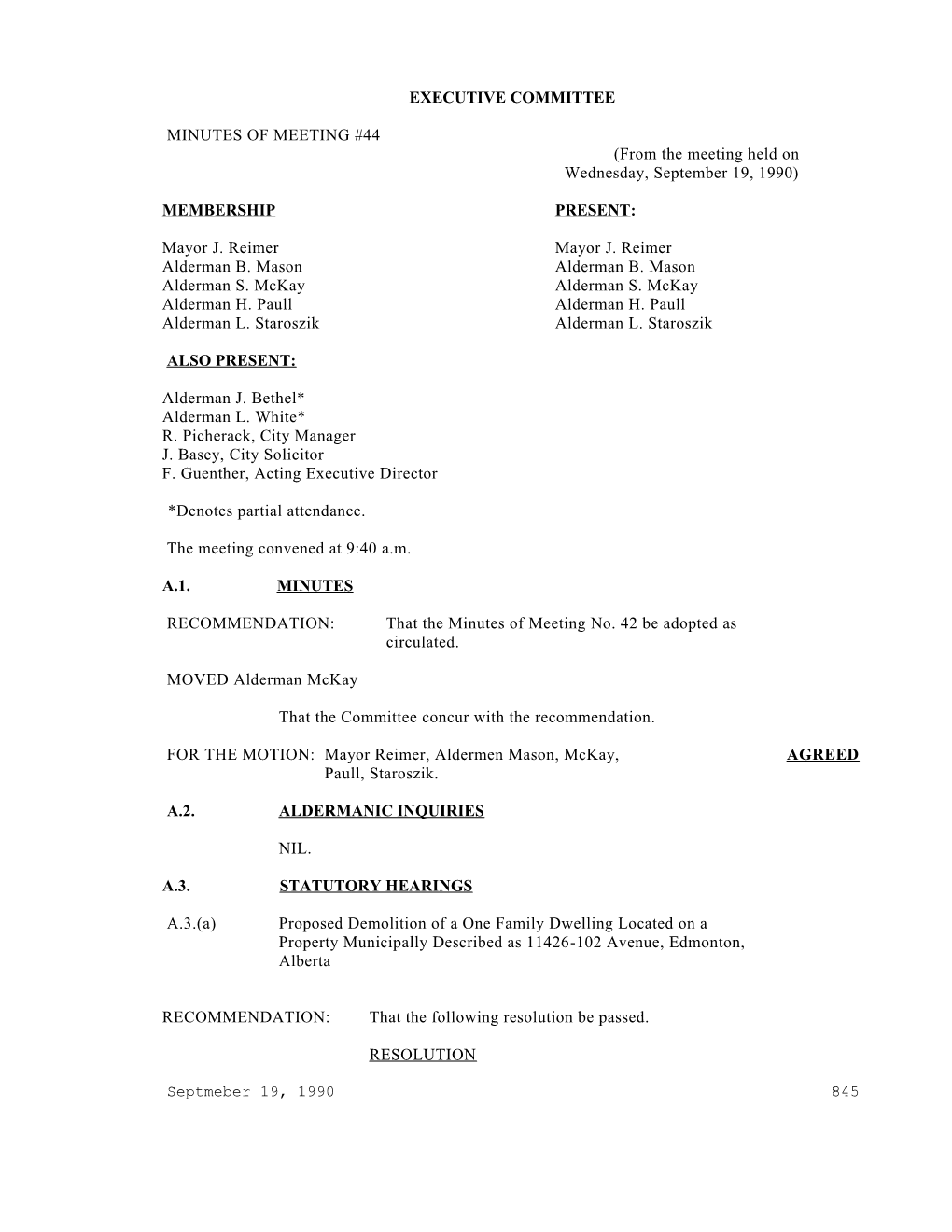 Minutes for Executive Committee September 19, 1990 Meeting