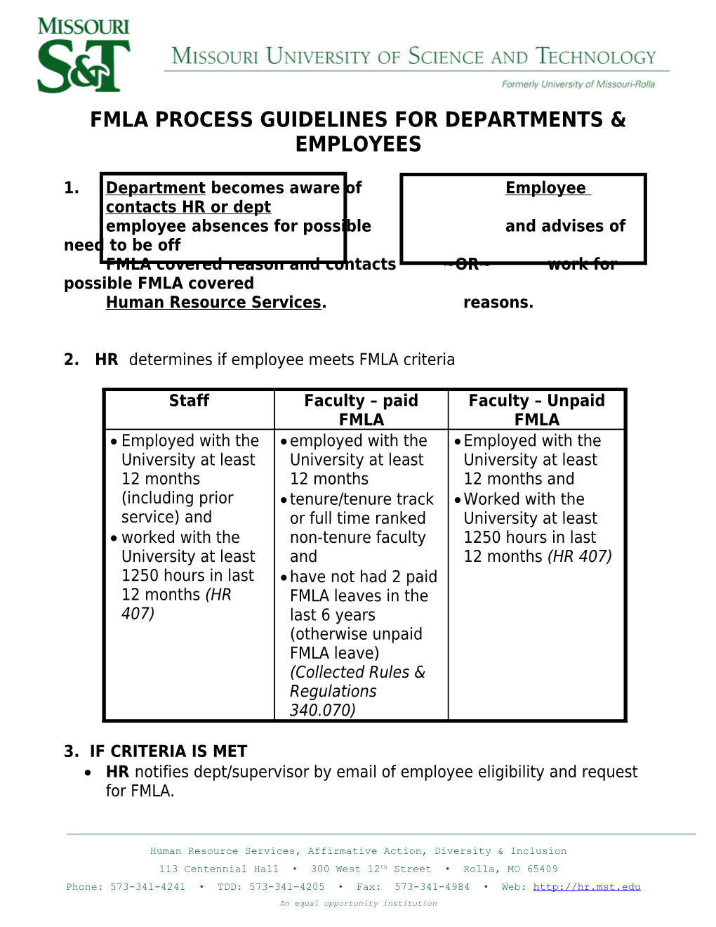 Fmla Process Guidelines for Departments & Employees