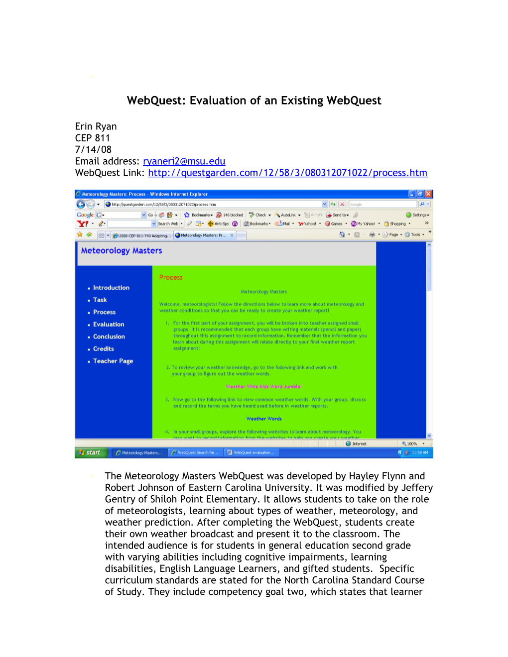 Webquest: Evaluation of an Existing Webquest