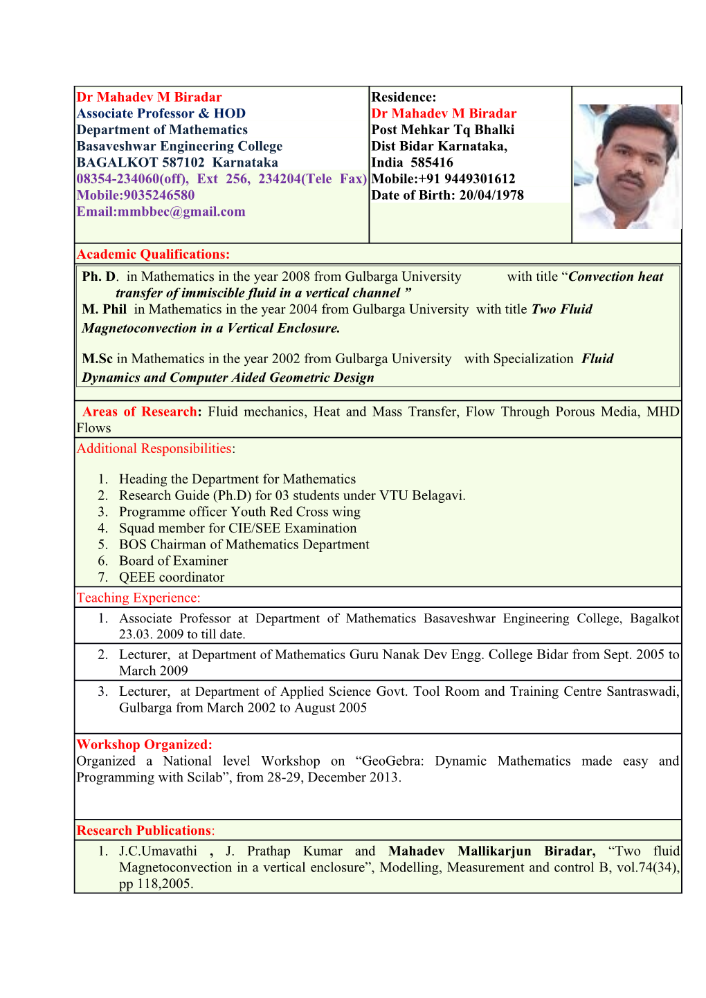 Ph. D. in Mathematics in the Year 2008 from Gulbarga Universitywith Title Convection Heat