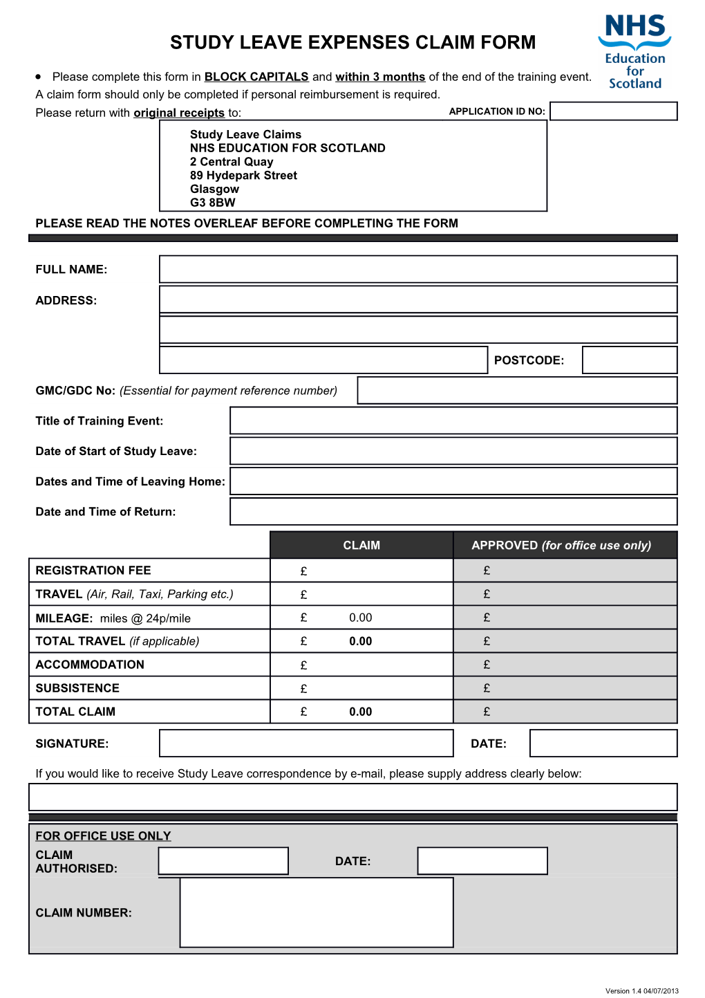 Study Leave Expenses Claim Form