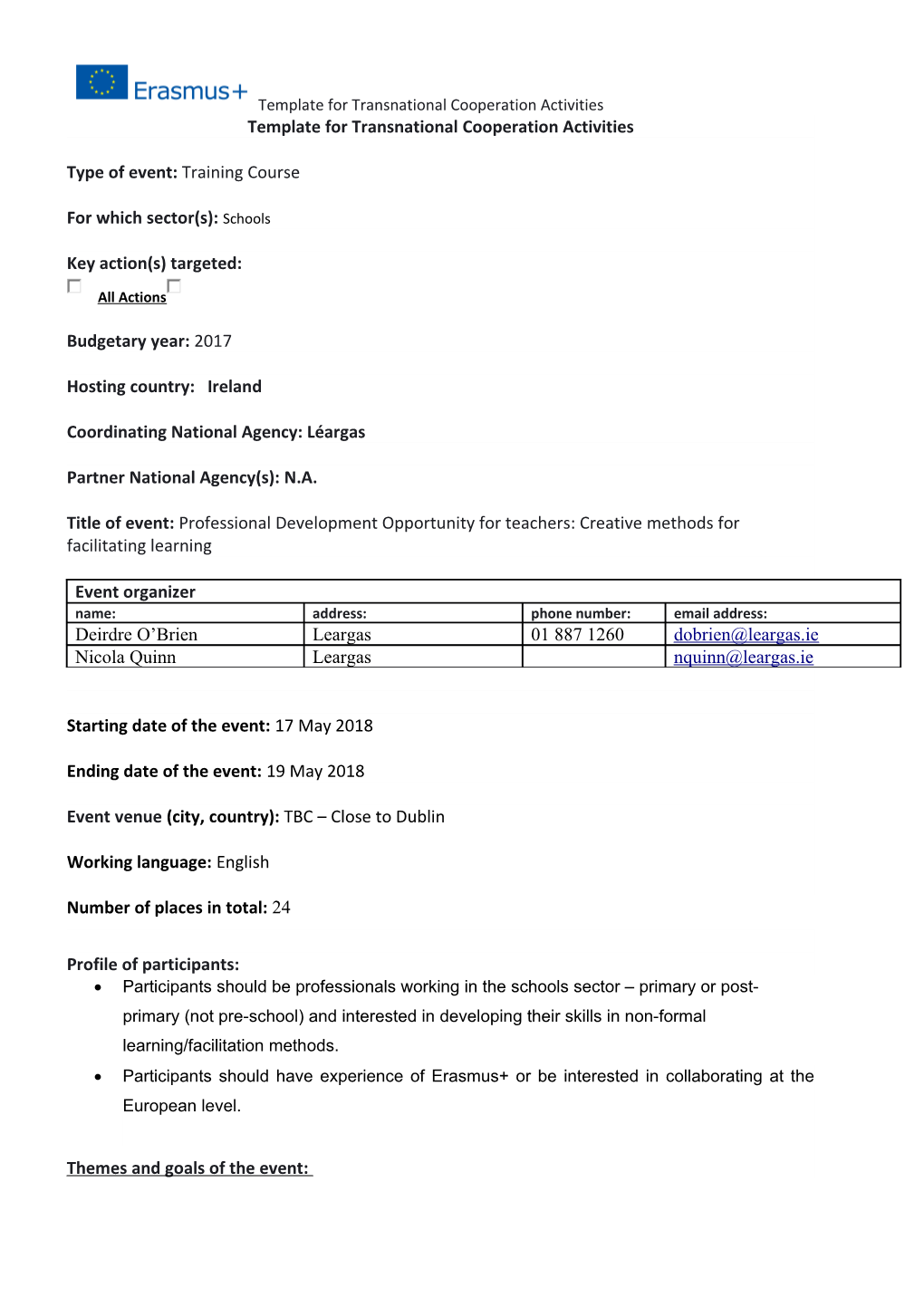 Template for Transnational Cooperation Activities