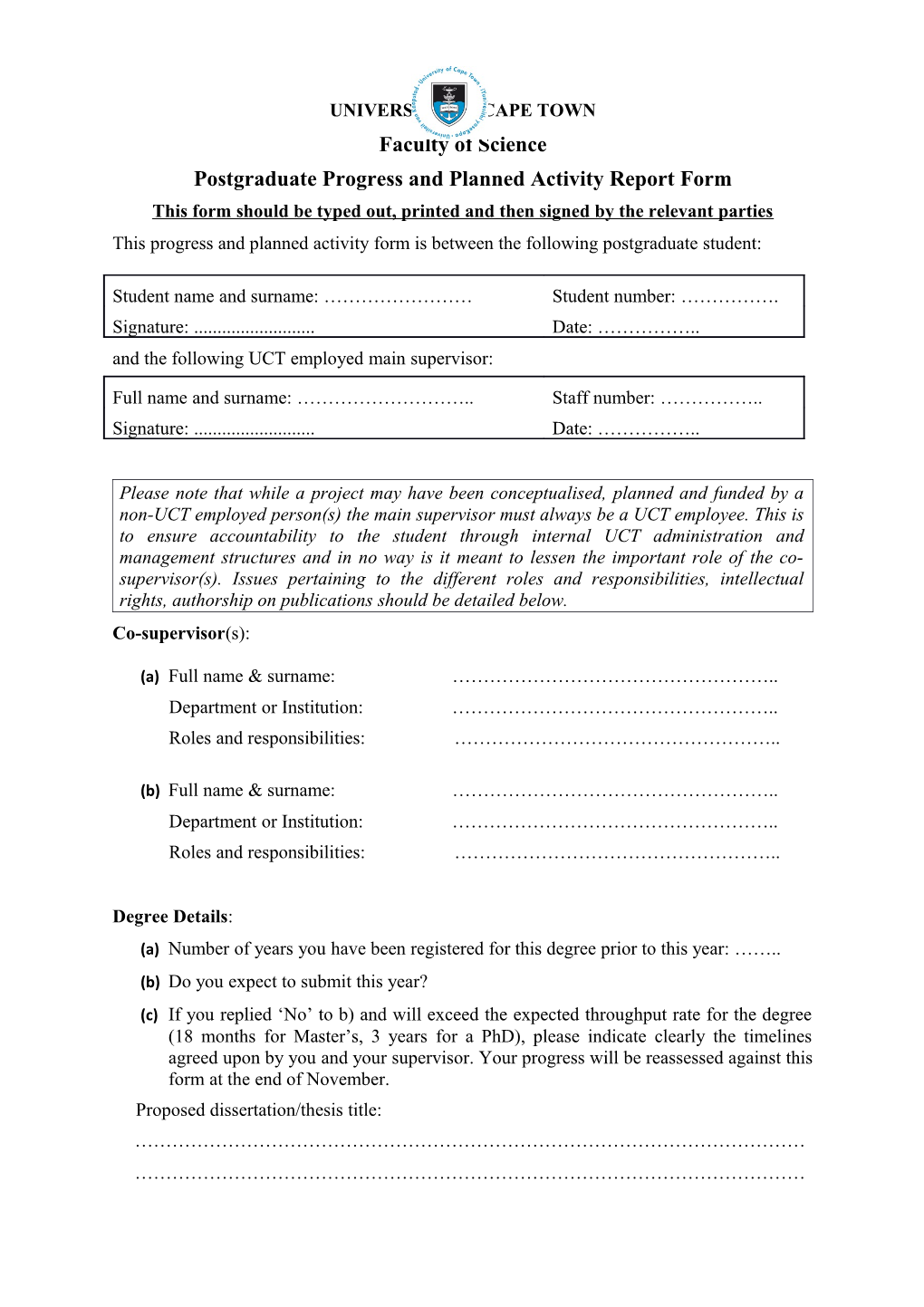 Postgraduate Progress and Planned Activity Report Form