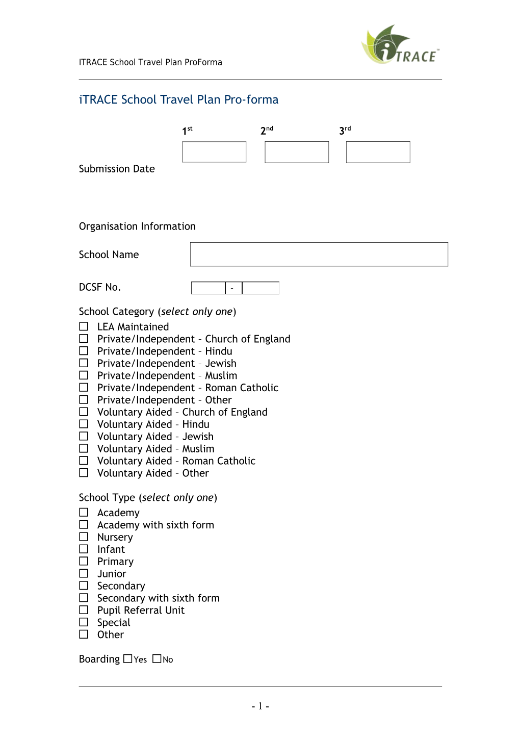 Itrace Workplace Travel Plan Pro-Forma