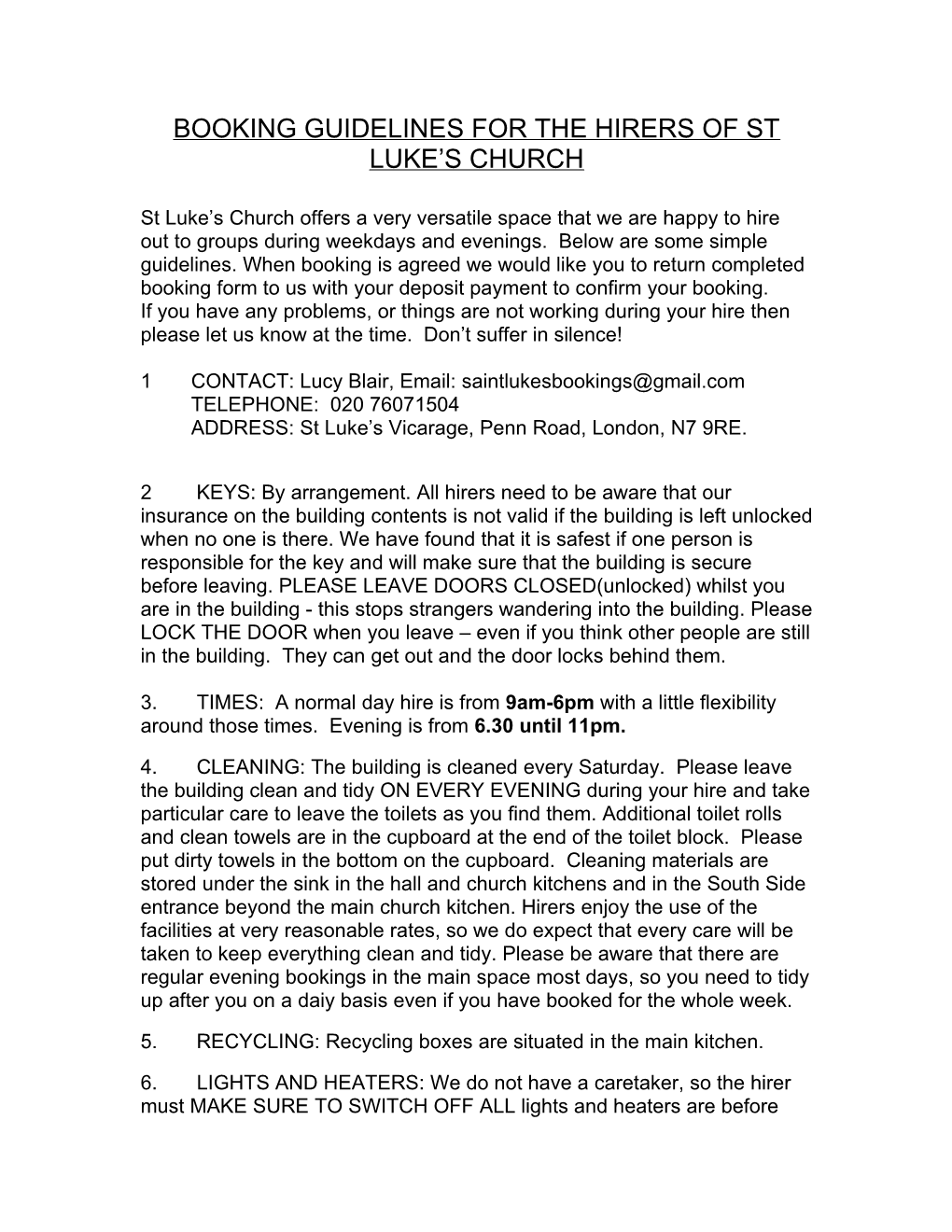 Conditions of Hire for St Luke S Church