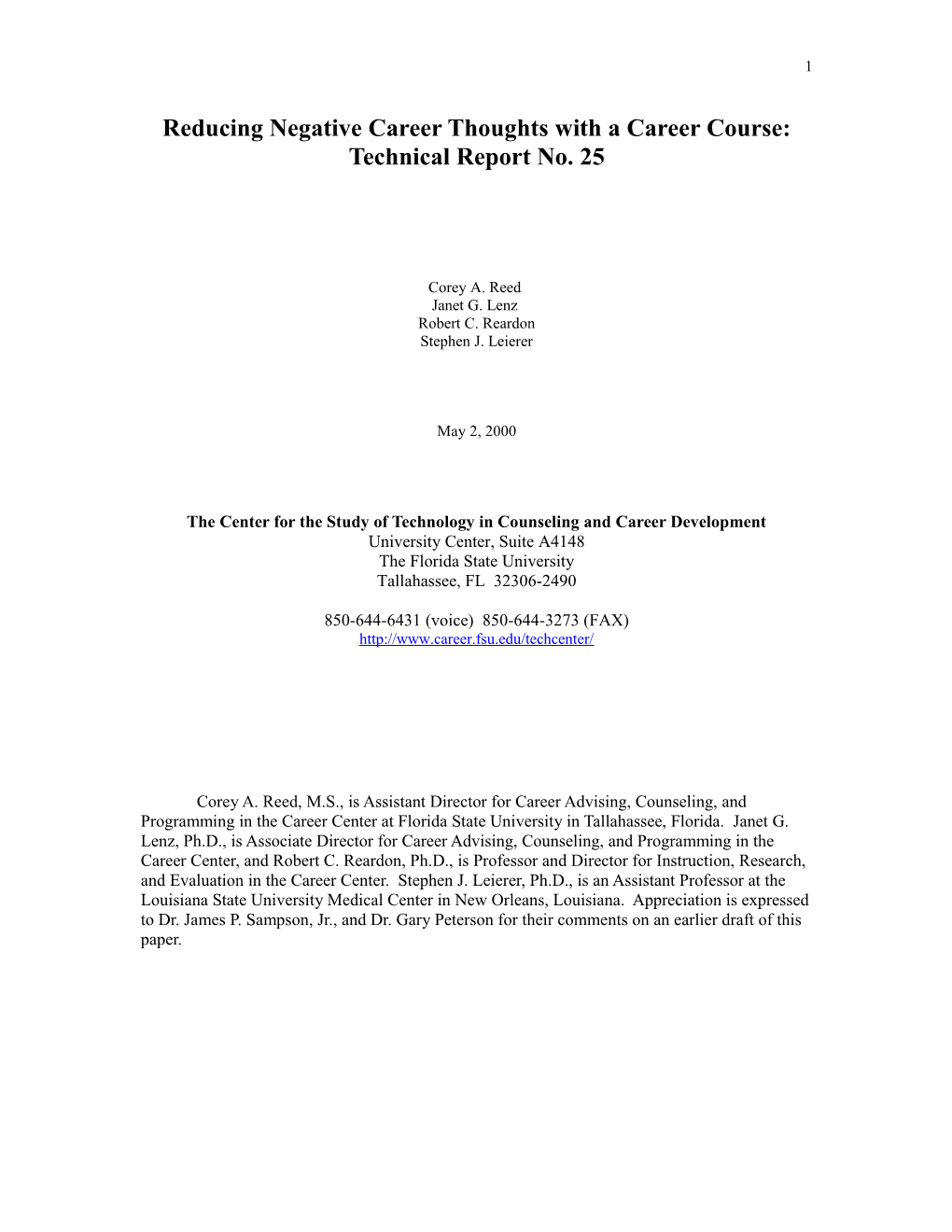 Reducing Negative Career Thoughts with a Career Course: Technical Report No
