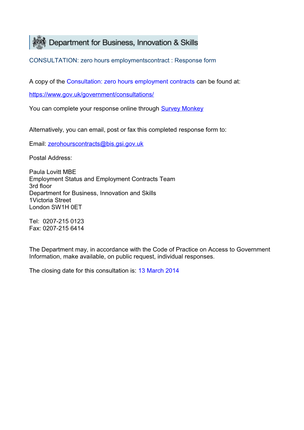 Consultation: Zero Hours Employment Contracts: Response Form