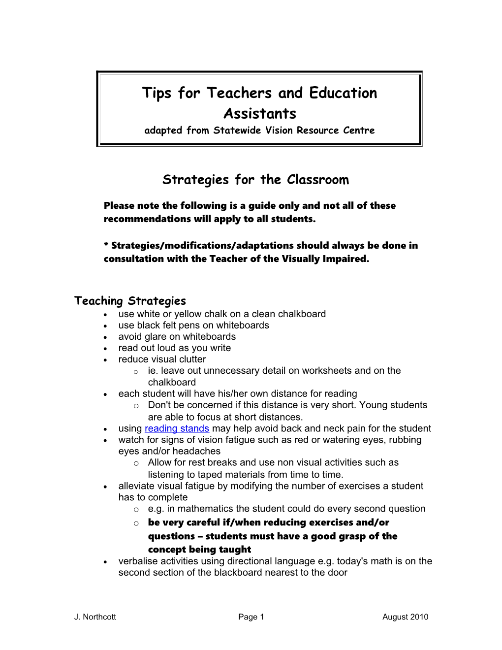 Tips for Teachers and Teachers Aides