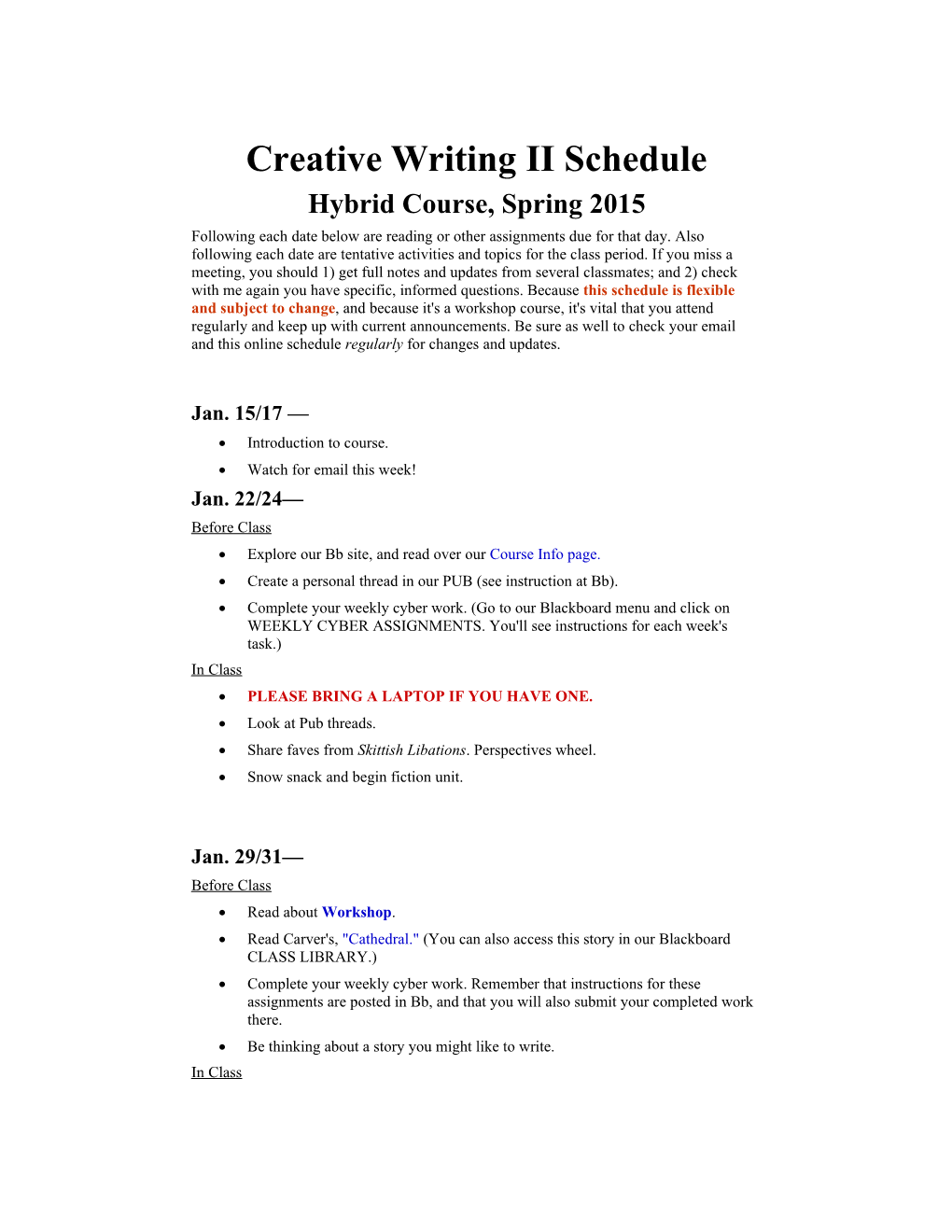 Creative Writing II Schedule 1