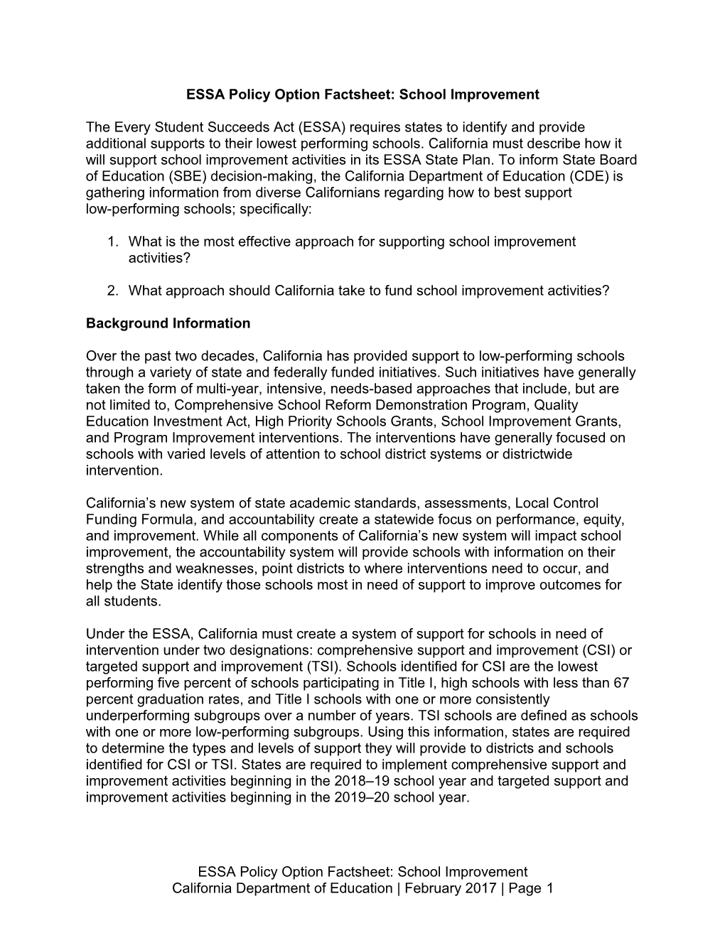 Policy Option Factsheet School Improvement - ESSA (CA Dept of Education)