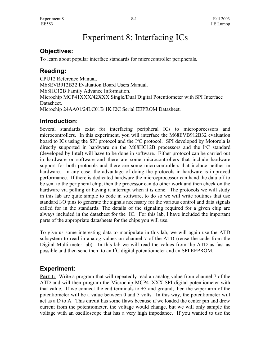 Experiment 1: the Motorola 68HC12 Instruction Set and the M68EVB912B32 Evaluation Board