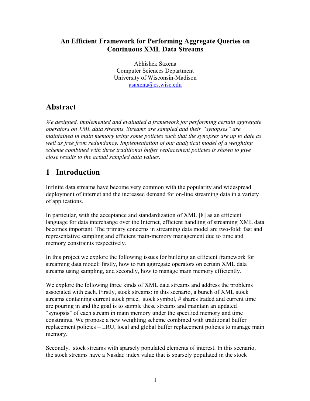 A Framework for Performing Aggregate Queries on Continuous Streams of XML Data