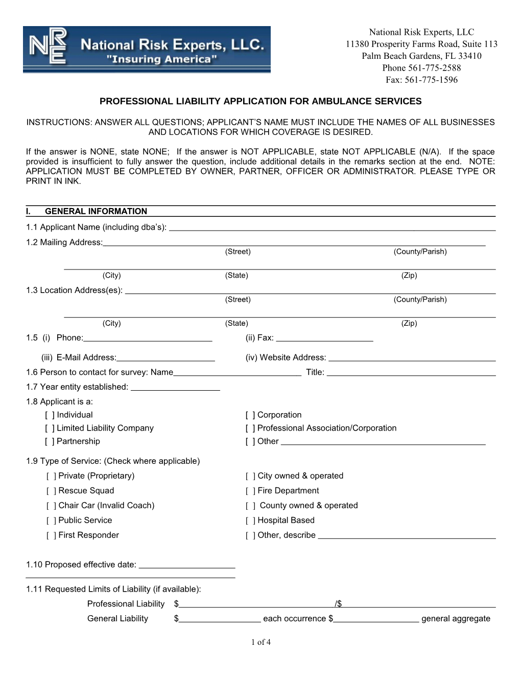 Professional Liability Application for Ambulance Services