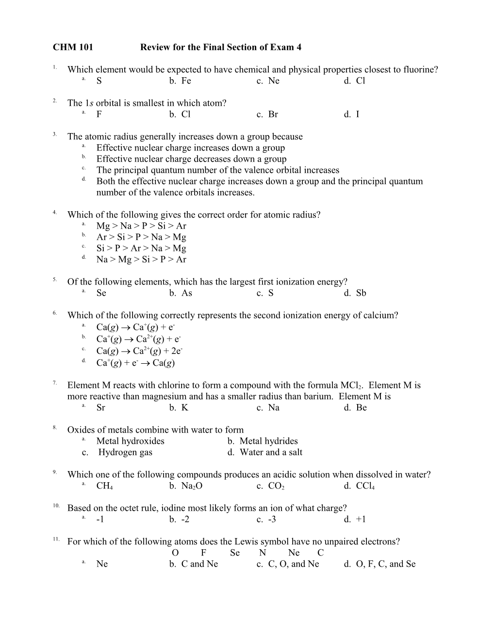 CHM 101Review for the Final Section of Exam 4