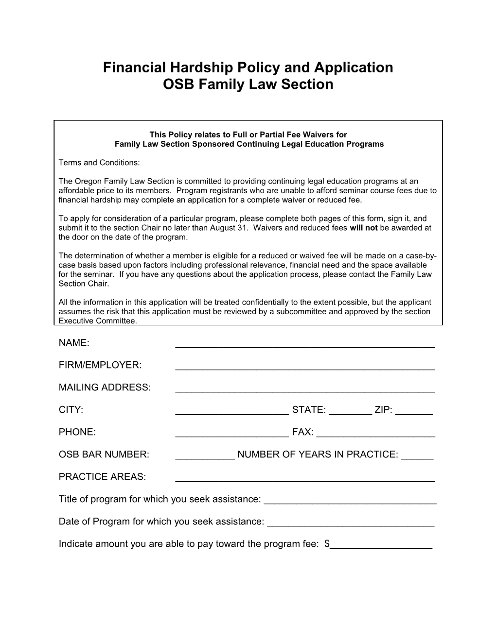 Oregon State Bar Financial Hardship Policy (00521049)