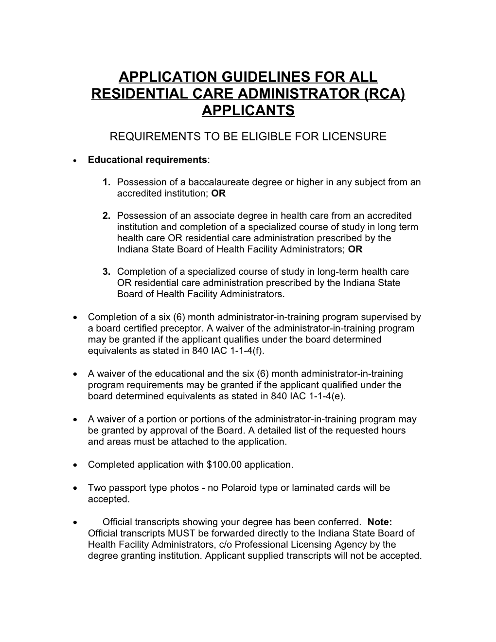 Application Guidelines for All Residential Care Administrator (Rca) Applicants