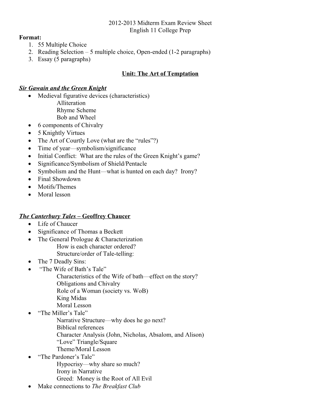 2009-2010 Midterm Exam Review Sheet
