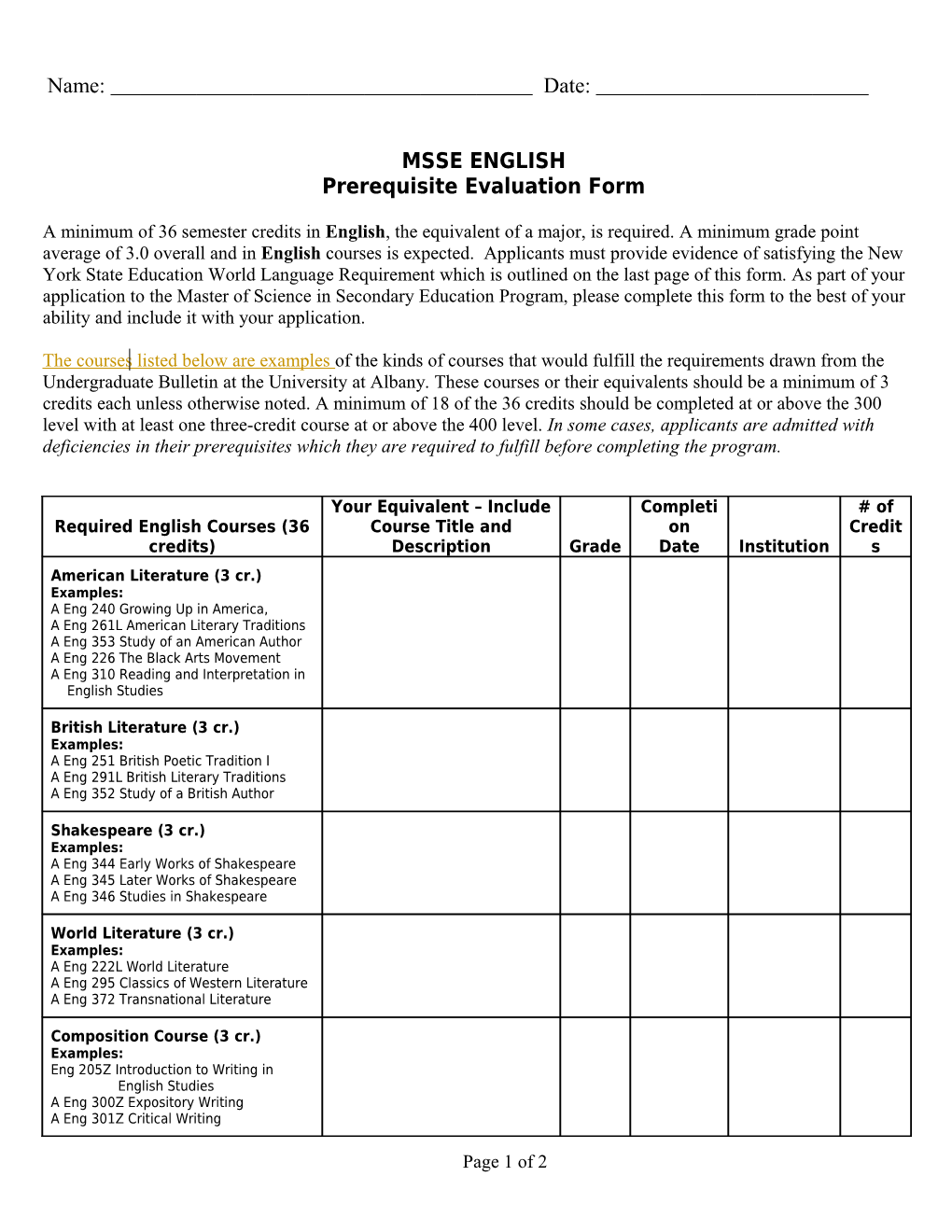 MATHEMATICS Prerequisite Evaluation Form