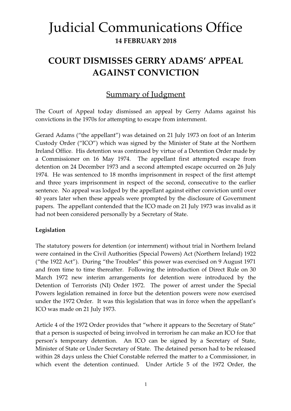 Courtdismisses Gerry Adams Appeal Against Conviction