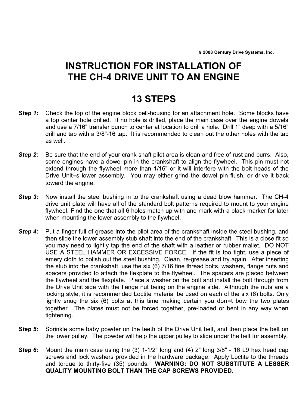 Instructions for Installation Of
