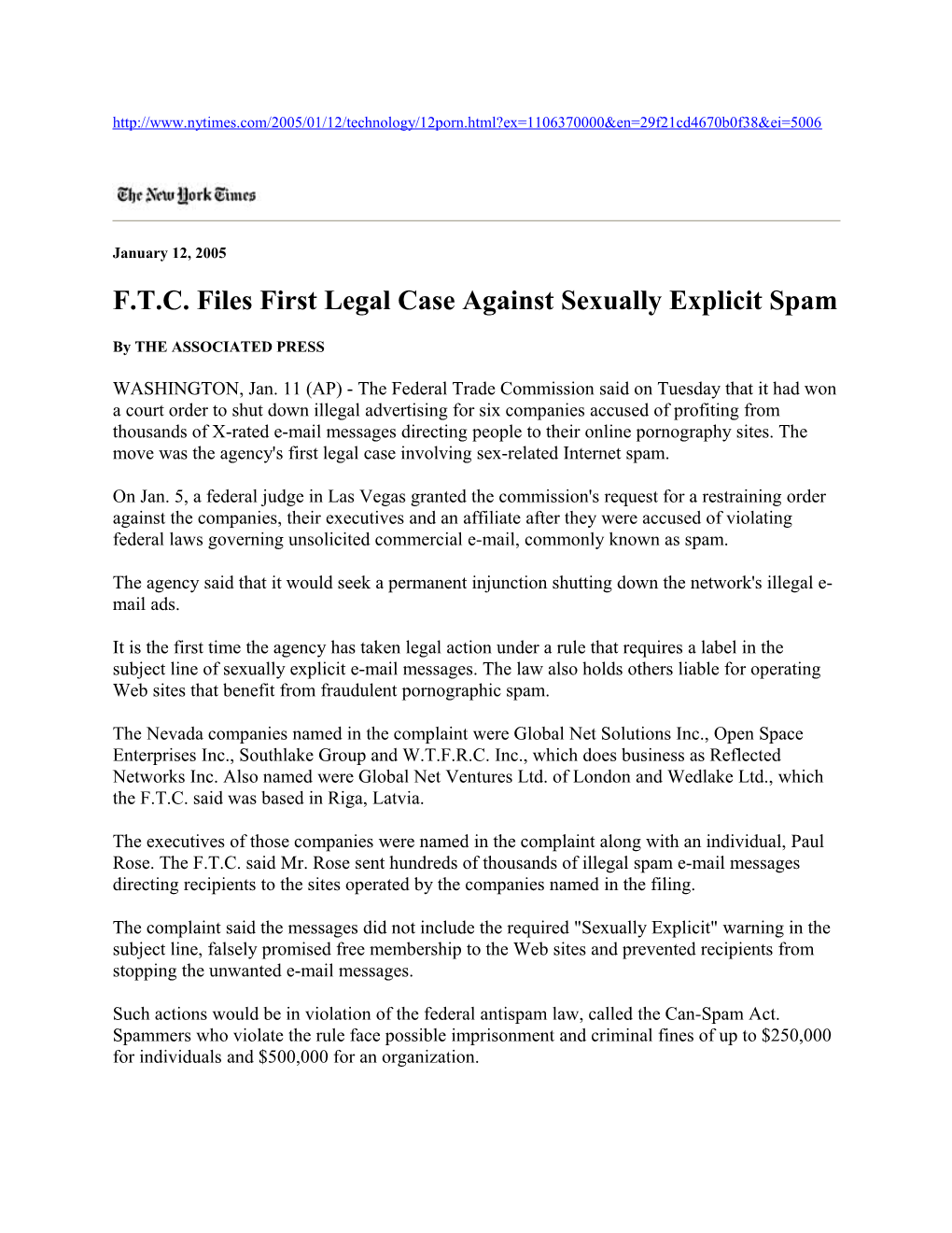 F.T.C. Files First Legal Case Against Sexually Explicit Spam