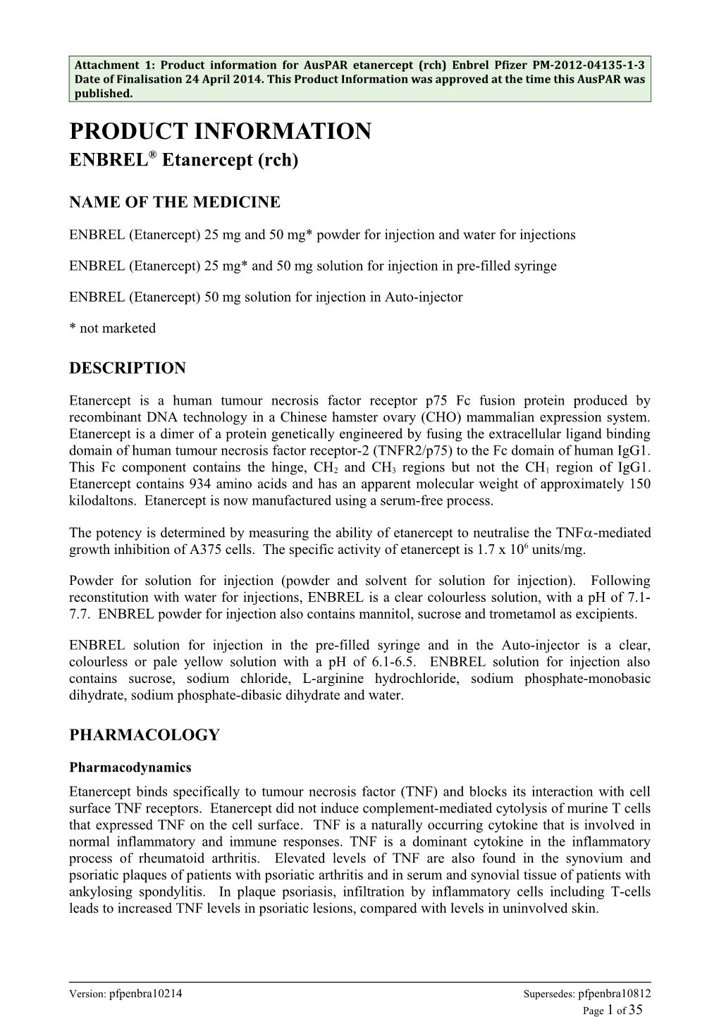 Auspar Attachment 1: Product Information for Enbrel (Etanercept (Rch))