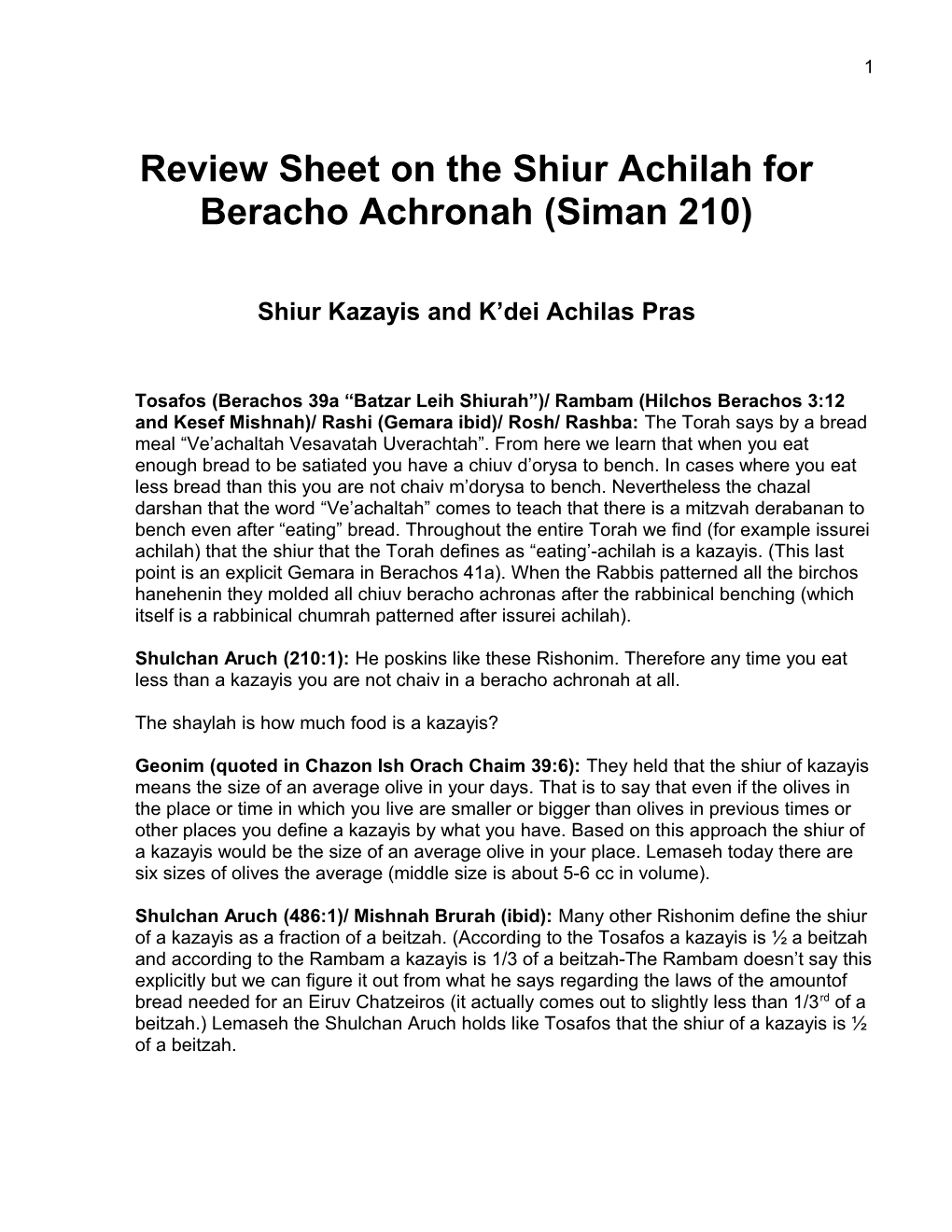 Review Sheet on the Shiur Achilah for Beracho Achronah (Siman 210)
