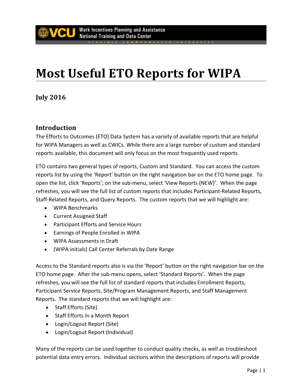 Most Useful ETO Reports for WIPA