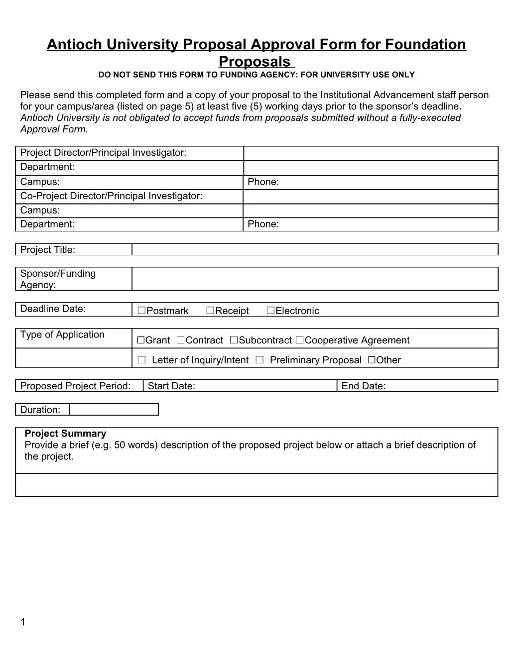 Antioch University Proposal Approval Form for Foundation Proposals
