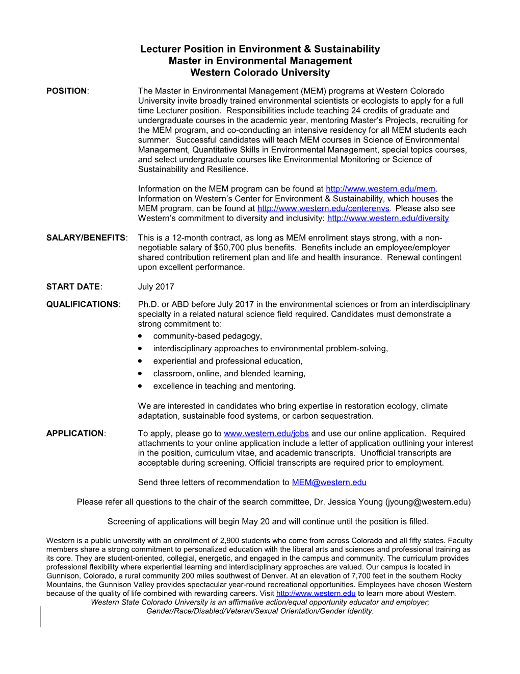 Faculty Position in Politics and Government