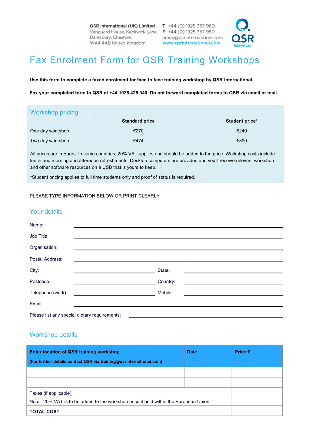 Fax Enrolment Form for QSR Workshop (EU)