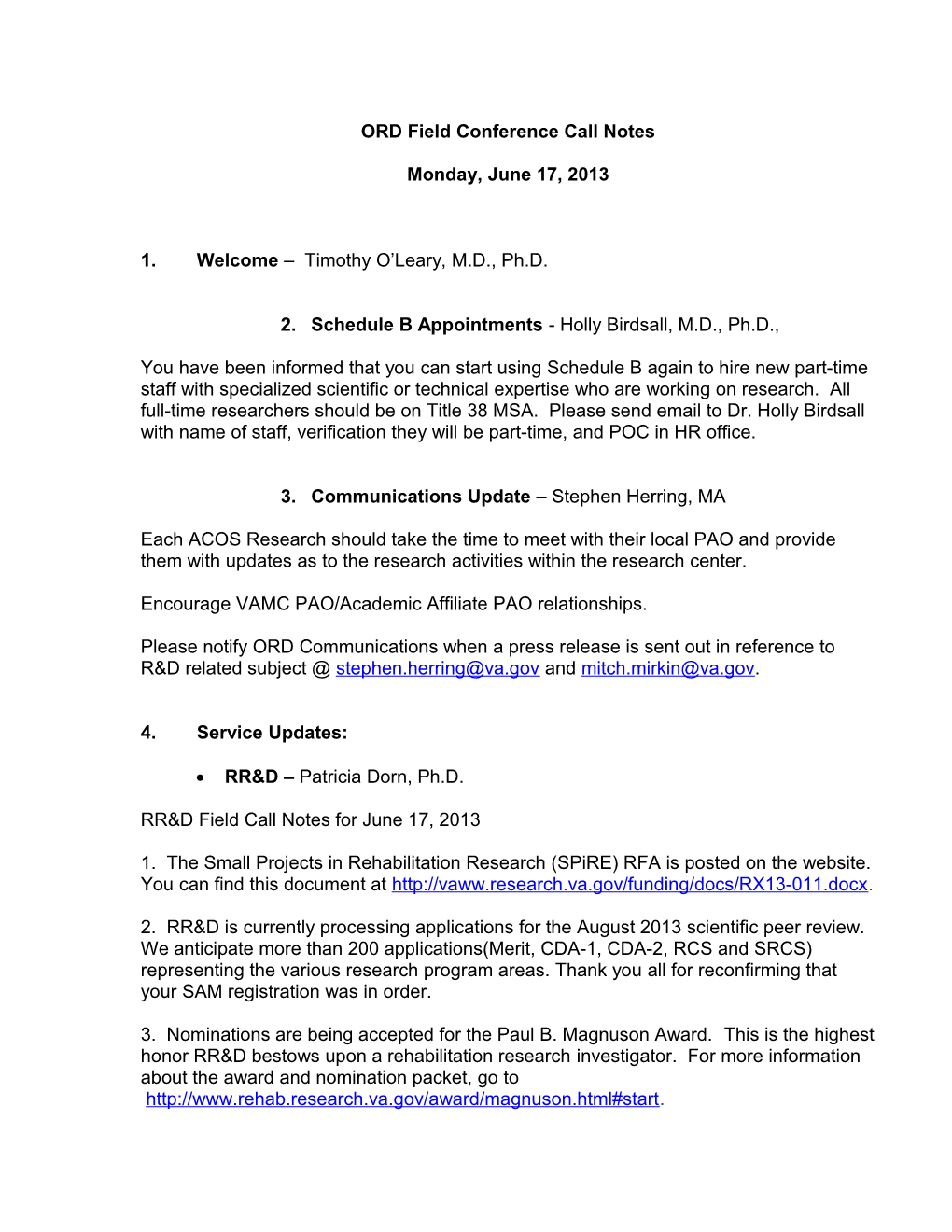 ORD Field Conference Call Notes: June 17, 2013